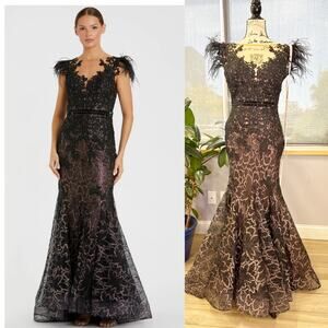 Mac Duggal Embellished Feather Cap Sleeve Illusion Neck Trumpet Gown  Size 4